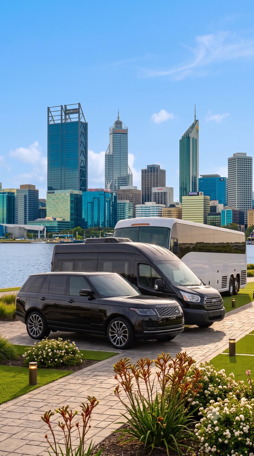 A SnapGo fleet (SUV, passenger van, and coach) with a city skyline behind