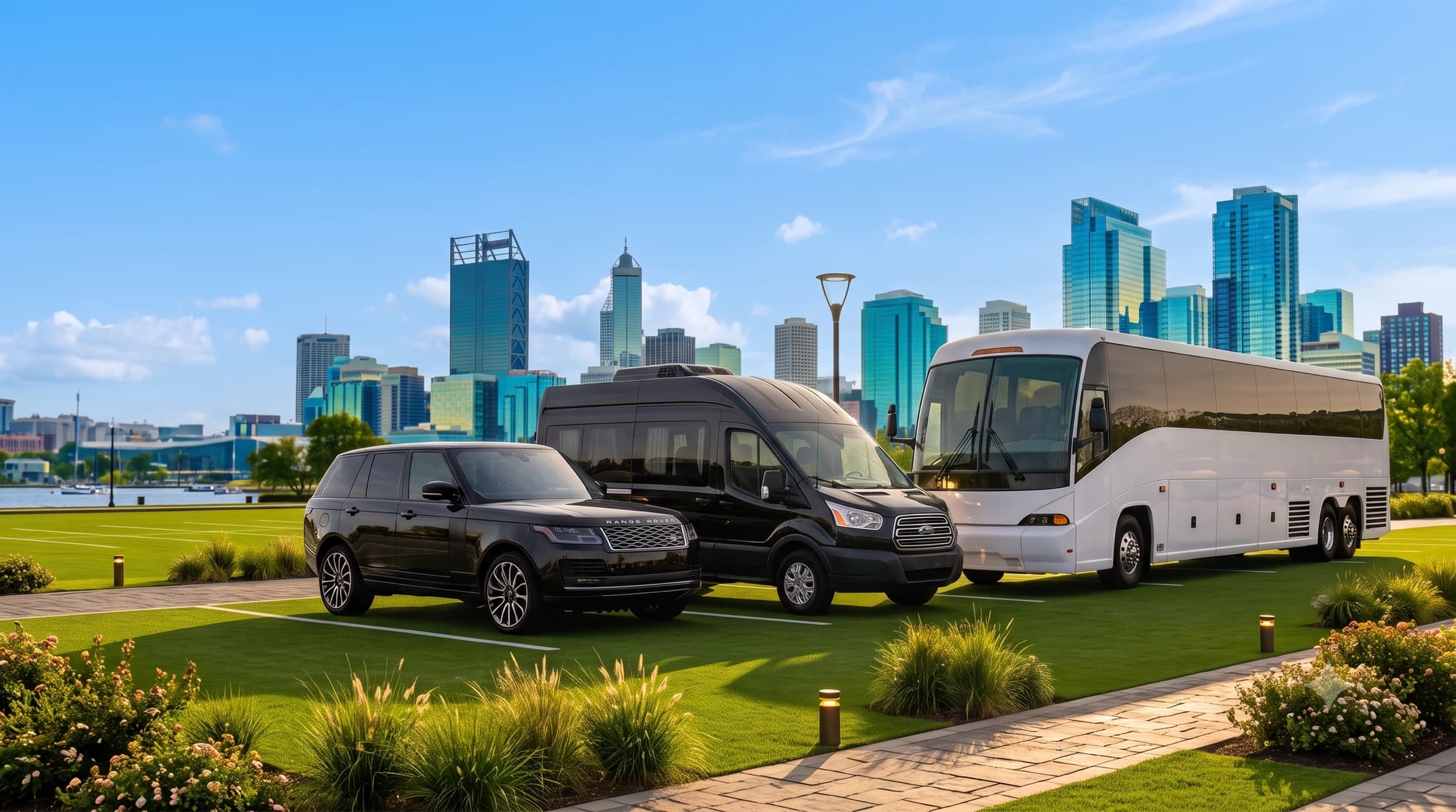 A SnapGo fleet (SUV, passenger van, and coach) with a city skyline behind